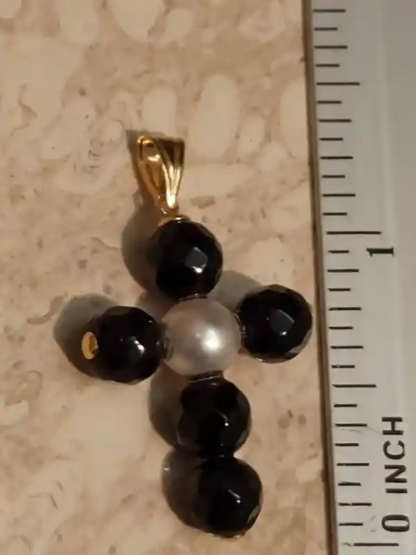 Cross,18k GOLD Cross,Gold Black PEARL Cross,Christian Mothers Day Gift,Cross for Mom,Black Cross pendant,Gold Pearl Cross,Christian Mom Gift 