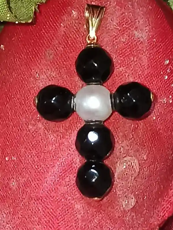 Cross,18k GOLD Cross,Gold Black PEARL Cross,Christian Mothers Day Gift,Cross for Mom,Black Cross pendant,Gold Pearl Cross,Christian Mom Gift 