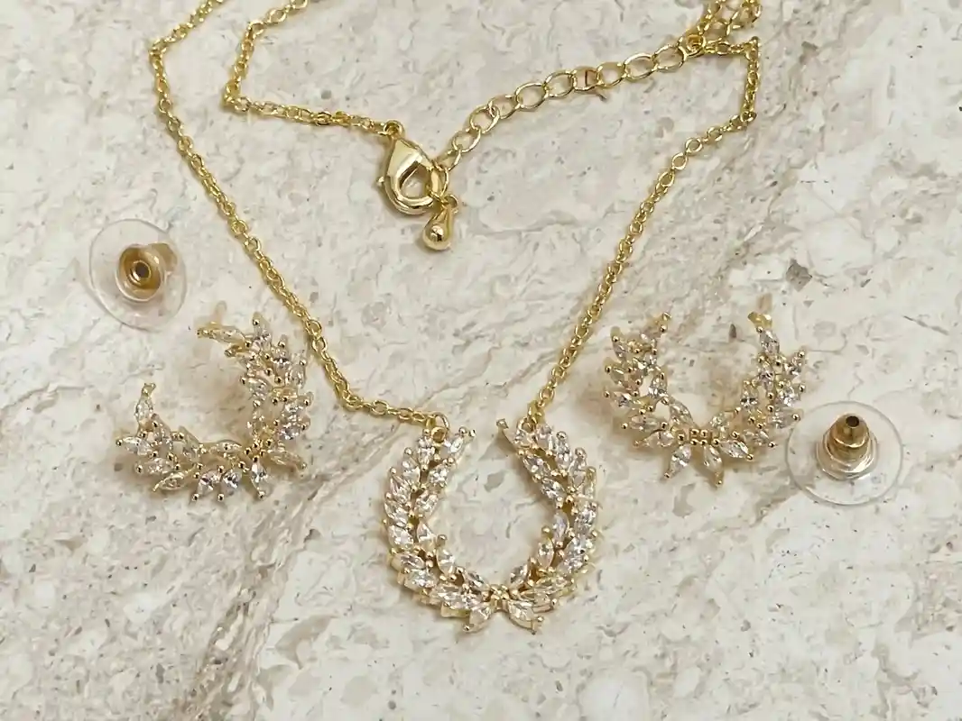 24k Swarovski Bridal Shower Gold Jewelry for bride present , Olive Branch Necklace Earrings SET, Handmade Jewelry, Sterling Silver GoldPlate 