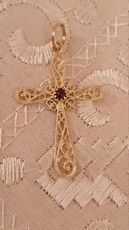 18kt Filigree Baptism Cross pendant charm SOLID GOLD Garnet/Religious Cross Charm First Communion Gift Girl 18kt gold Christian Gift HANDMDE 