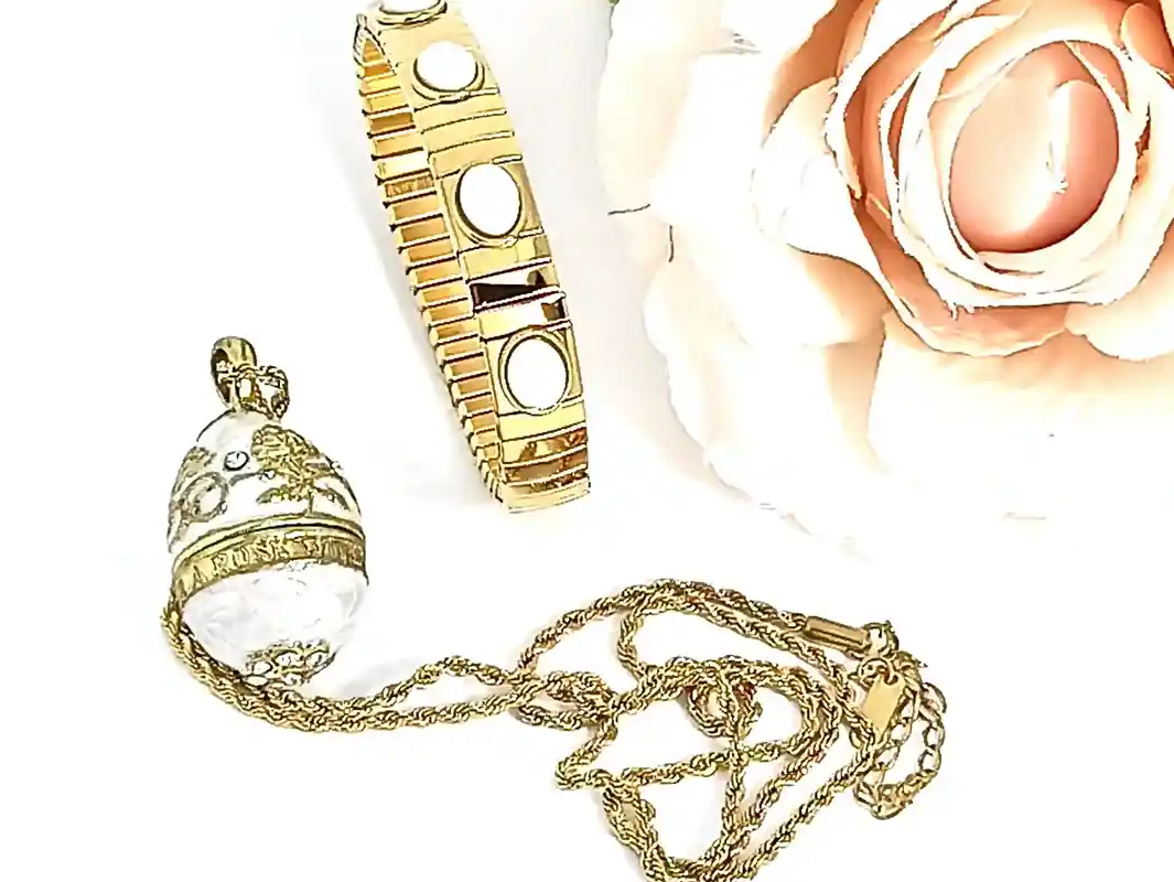 Luxury Faberge Egg Pendant Locket White Faberge Egg Necklace SET 24k GOLD Faberge Jewellery Austrian Crystal Handset + Gold White Bracelet 