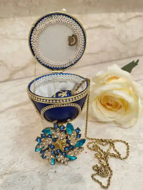 Blue Faberge-Style Egg - Faberge Egg Music Box & Faberge Egg Pendant Handmade Egg Necklace jewelry - Something blue gifts for bride - Home Decor 