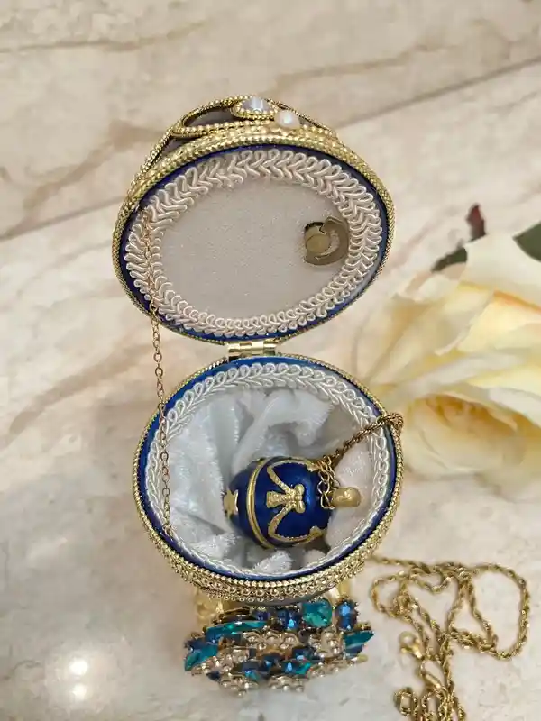 Blue Faberge-Style Egg - Faberge Egg Music Box & Faberge Egg Pendant Handmade Egg Necklace jewelry - Something blue gifts for bride - Home Decor 