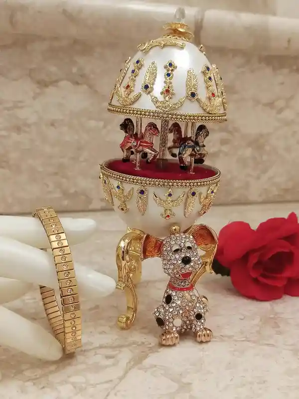 Dog Lover Gift-Dog Music box-ONLYONEOF-FABERGE Animal Music Box -Dog Owner Gift-HANDCARVED Natural Egg 24kt Gold 400 Handset AustrianCrystal 