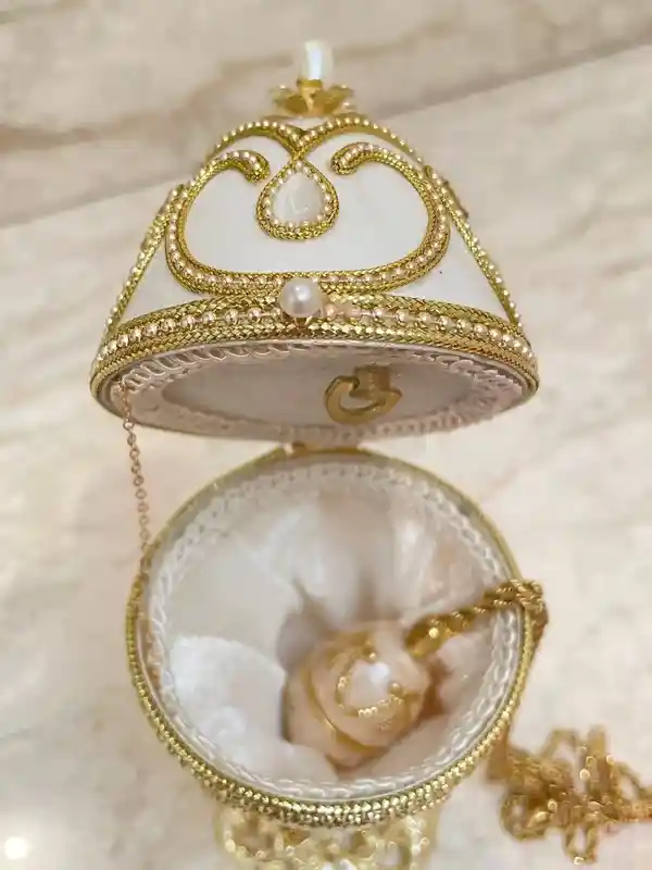 Faberge , Gold Faberge-Style Egg MUSIC Box, &, Faberge style Egg pendant, Home decor, Handmade White Faberge egg SET, Bridal Shower Gift for Bride 