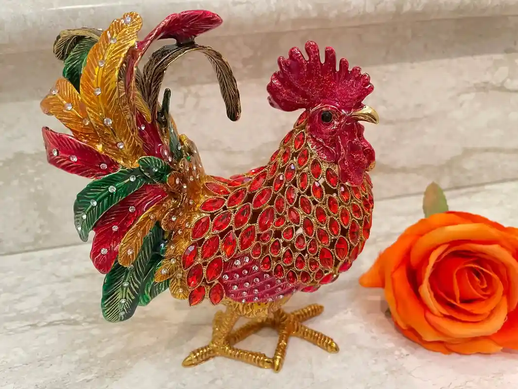 2002 Vintage RUBY Red Faberge-Style Egg Rooster Jewelry Box, Rooster Lover 21st Birthday 21 Anniversary Gift for Graduation present for Christmas 