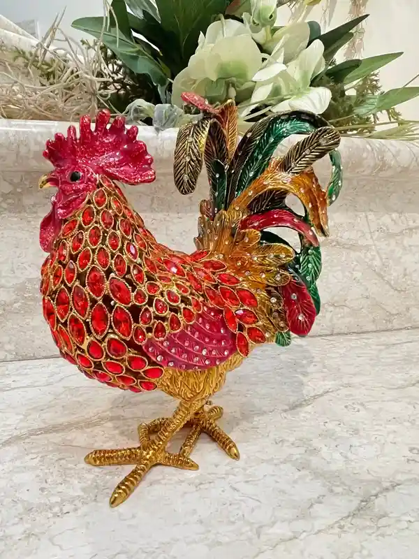 2002 Vintage RUBY Red Faberge-Style Egg Rooster Jewelry Box, Rooster Lover 21st Birthday 21 Anniversary Gift for Graduation present for Christmas 