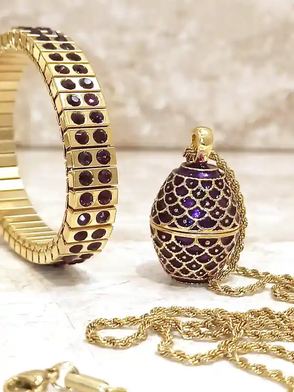Artisan Faberge-Style Egg Necklace & Bracelet Amethyst Faberge-Style egg style Jewelry 24k Gold Swarovski February 6th Wedding Anniversary wife Birthday