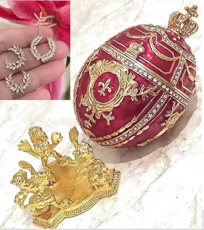 Red Faberge egg Christmas New Years Wreath Jewelry + Faberge style egg Handmade Pure GOLD deco Swarovski Faberge Set LUCK Joy LOVE Happiness 