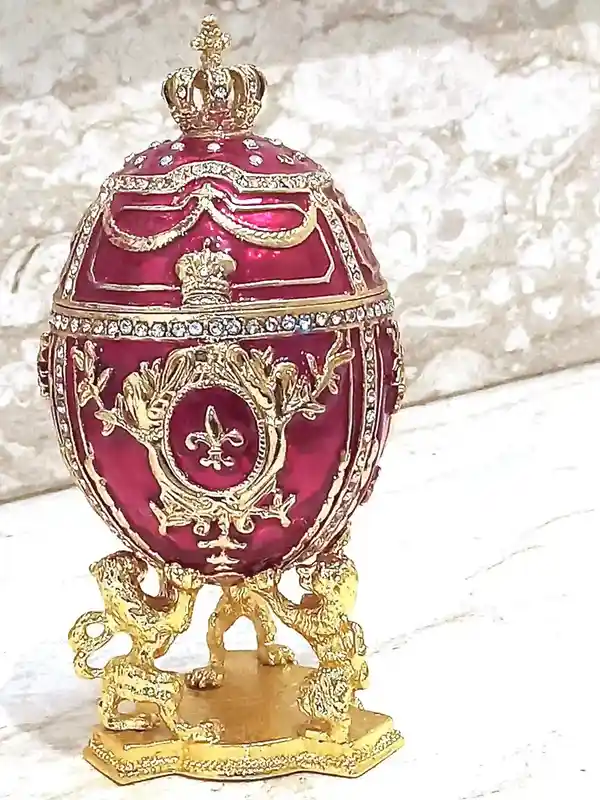 Red Faberge egg Christmas New Years Wreath Jewelry + Faberge style egg Handmade Pure GOLD deco Swarovski Faberge Set LUCK Joy LOVE Happiness 