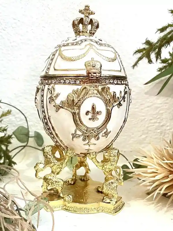 White Faberge Christmas New Years Wreath Jewelry + Faberge style egg Handmade Pure GOLD decor Swarovski Faberge Set LUCK Joy LOVE Happiness 