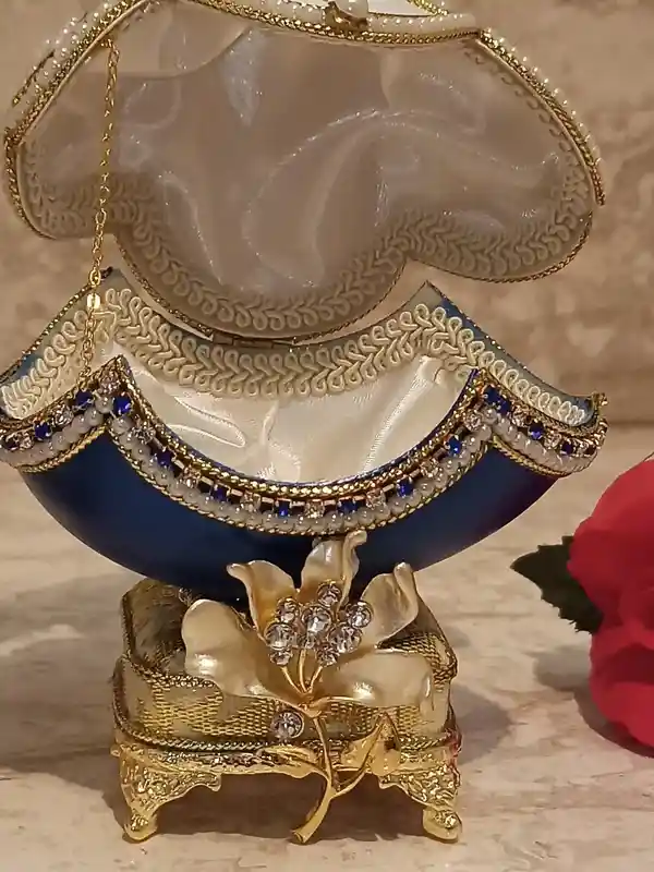 FABERGE-Style Egg, Gift for Couple Wedding ,ONE Of a Kind, Unique Wedding gift ideas ,Mother In Law Gift, FAberge MUSIC box ,Sapphire , 24k Gold 