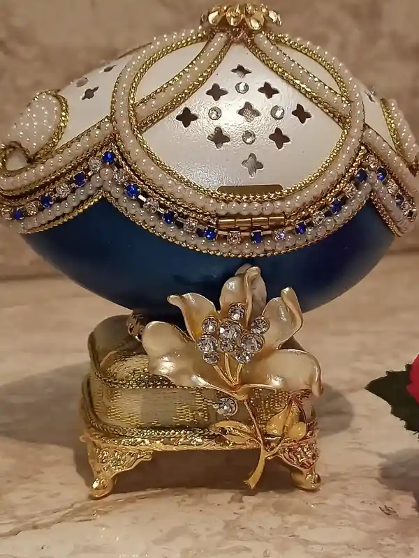 FABERGE-Style Egg, Gift for Couple Wedding ,ONE Of a Kind, Unique Wedding gift ideas ,Mother In Law Gift, FAberge MUSIC box ,Sapphire , 24k Gold 