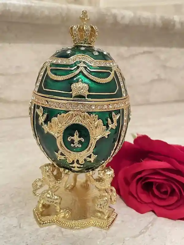 Green Faberge Christmas New Years Wreath Jewelry + Faberge style egg Handmade Pure GOLD decor Swarovski Faberge Set LUCK Joy LOVE Happiness 