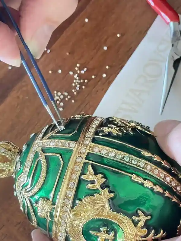 Green Faberge Christmas New Years Wreath Jewelry + Faberge style egg Handmade Pure GOLD decor Swarovski Faberge Set LUCK Joy LOVE Happiness 