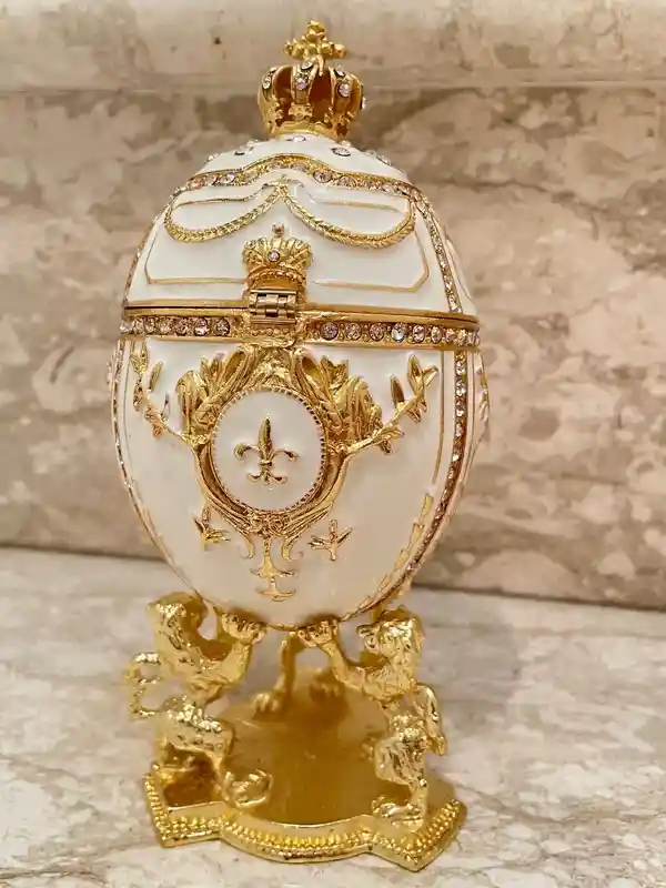 Faberge, White Faberge egg trinket box, Handmade Home decor, Graduation Gift from Parents, Faberge Style Egg, 24k Gold, 200 HANDSET Crystals 