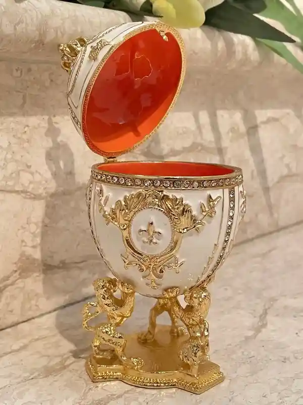 Faberge, White Faberge egg trinket box, Handmade Home decor, Graduation Gift from Parents, Faberge Style Egg, 24k Gold, 200 HANDSET Crystals 