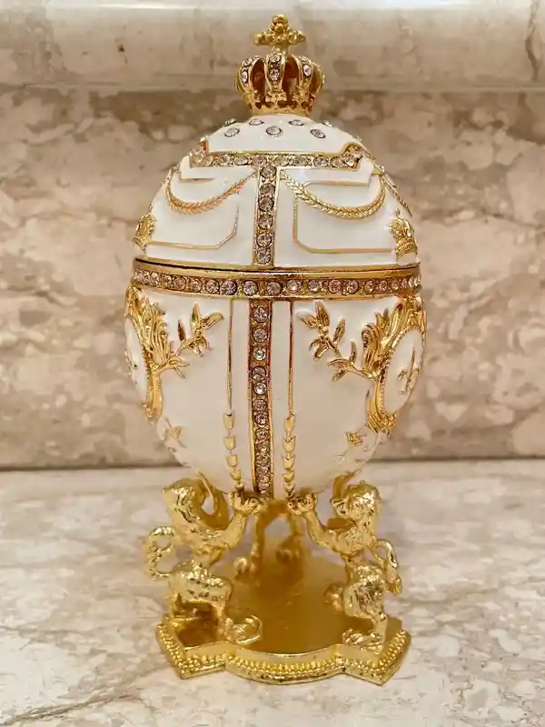 Faberge, White Faberge egg trinket box, Handmade Home decor, Graduation Gift from Parents, Faberge Style Egg, 24k Gold, 200 HANDSET Crystals 