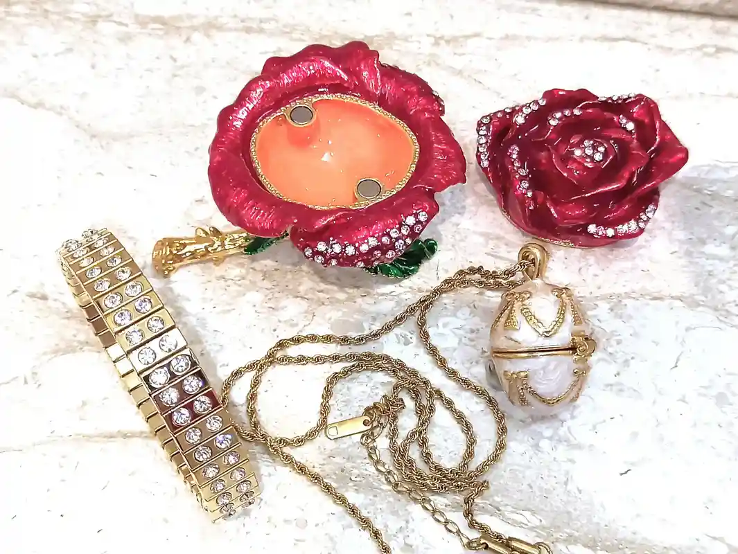 7ct, 24k Gold Jewelry Handmade, Luxury Christmas Gift Set, Egg Faberge, 24k GOLD Rose, Faberge egg Trinket Box, Faberge Egg Necklace 