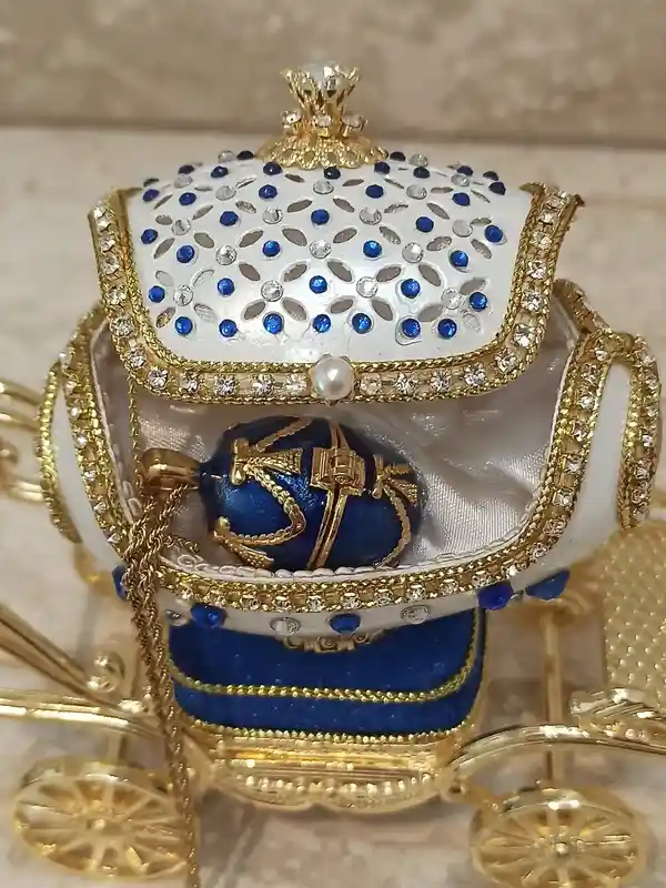 Faberge egg Carriage Sapphire Jewelry box gift for Mom Mother wife NATURAL Egg Swarovski Sapphire Diamonds 24k Gold Bracelet & Necklace 