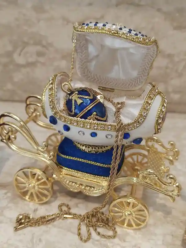 Faberge egg Carriage Sapphire Jewelry box gift for Mom Mother wife NATURAL Egg Swarovski Sapphire Diamonds 24k Gold Bracelet & Necklace 