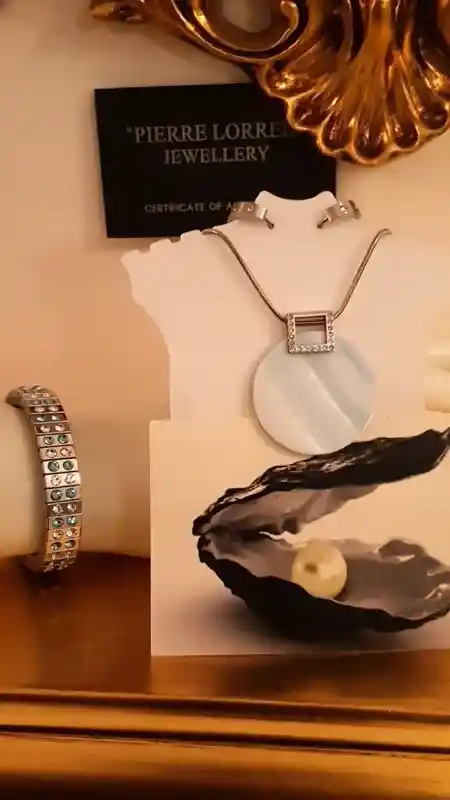 Mother of PEARL pendant silver bracelet silver earring Jewelry SET simulated diamond coral blue hand set stones authentic pearl TARNISHFREE 