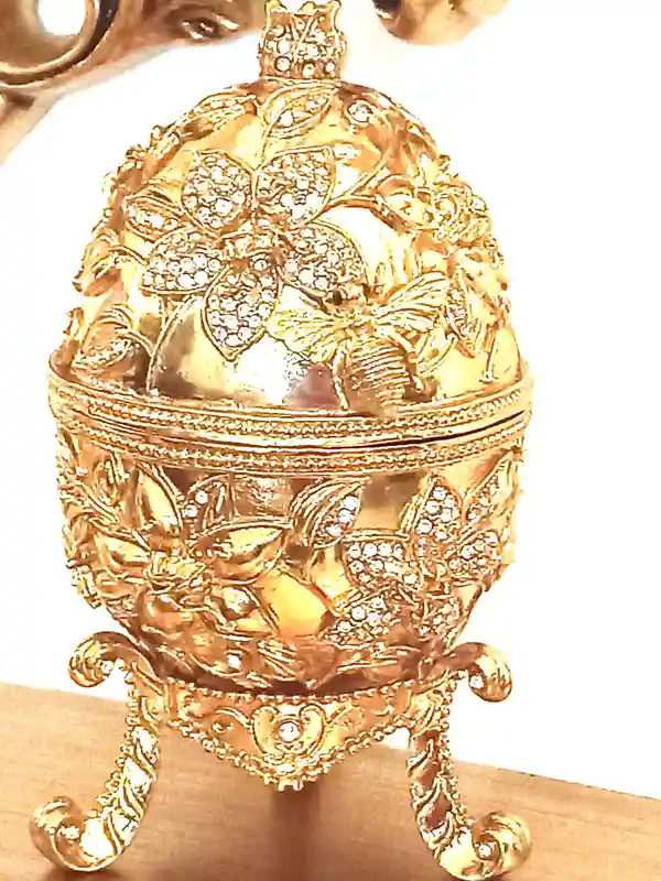Exquisite Fabrege Egg GOLD 24k Faberge egg Pendant + Faberge egg style POMEGRANATE + Good Luck Wedding RingBox 450 Crystal Diamonds HANDSET 