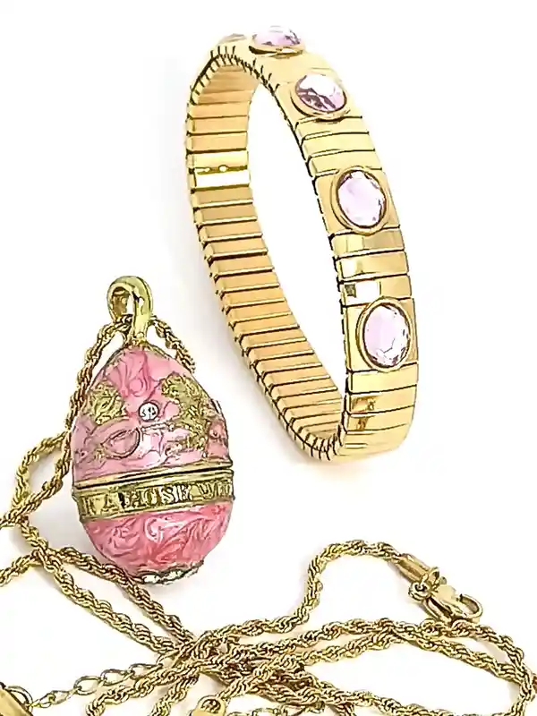 Luxurious Handmade Wedding Sterling Silver Jewelry SET Gift Faberge Egg Gold 24k Guilloche + Austrian Crystal DIAMOND Handset Pink Topaz SET 