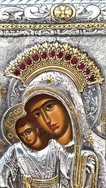 Solid Silver BYZANTINE Icon 24kt GOLD EASTERN Orthodox Russian Christian Handmade Virgin Mary Our Lady Panagia Kykko Theotoko Tarnish free 