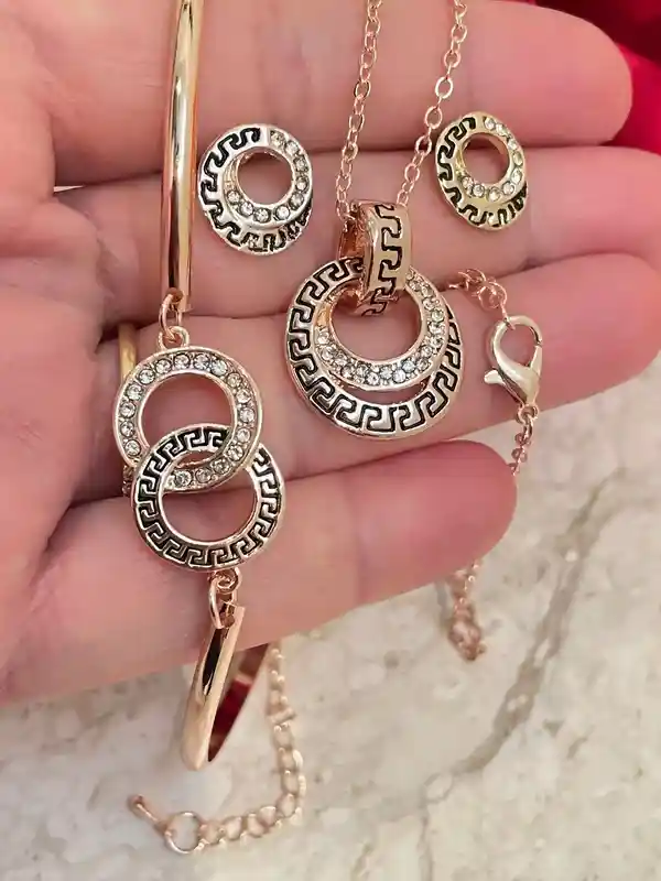 Exquisite Sterling Silver Ancient Greek Eternity Key Meander Gold Plated 24K Necklace SET , Collier Grecque,Griechische Silber Halskette SET 
