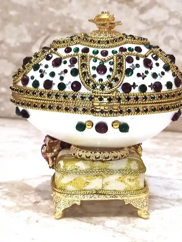 One Of a Kind, Faberge Egg style Jewelry Box SET, Amethyst, Fabrege Egg, Musical, Faberge Egg Box & Handmade Bracelet ,24k GOLD, HANDCARVED 