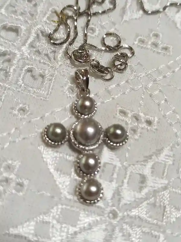 SILVER PEARL Pendant Cross for Women/Grey Pearl Jewelry Christian Gift for her/Real Pearl Necklace Cross on Chain Solid Sterling Silver HMDE 