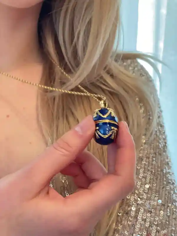 Luxury SAPPHIRE Blue Necklace - 24k GOLD -Guilloche Enamel- Faberge-Style Egg Pendant Necklace Blue -23.5