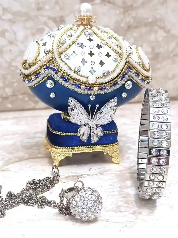 ONE of a kind Vintage SILVER Butterfly box FABERGE-Style egg style + Silver Faberge Necklace + Bracelet + Earrings Austrian Crystal Handset Gift 