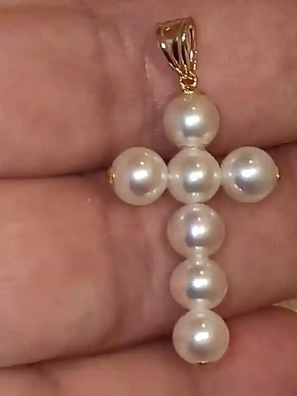 Solid 18k Gold Cross Pendant Natural Pearl Necklace Pearl Cross Pendant Handmade Jewelry Christian Fine Jewelry with 18kt Gold Inserted End 