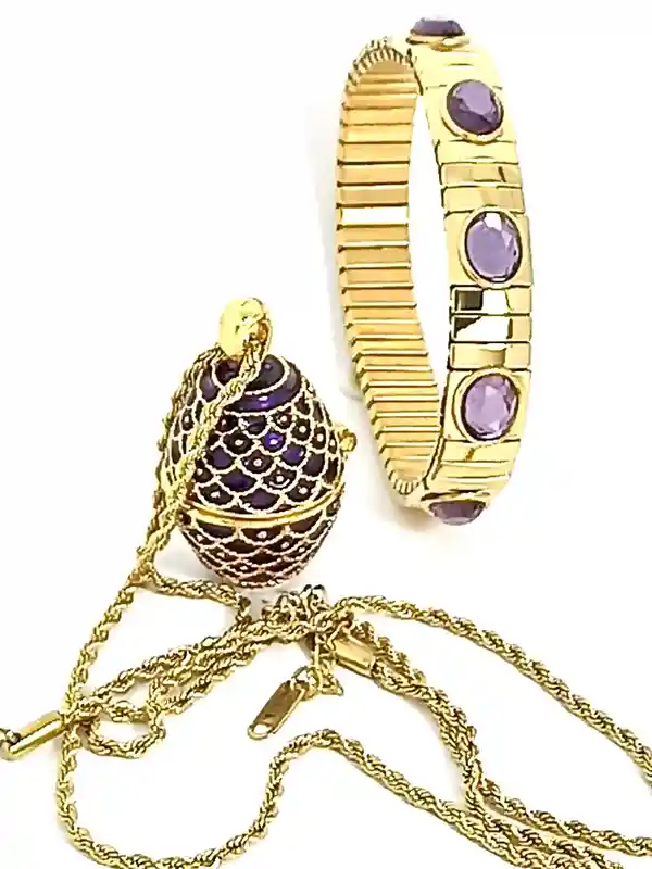 Imperial Jewelry Faberge-Style Egg Necklace SET - 24k GOLD + Amethyst bracelet, Faberge Egg, Romanov Jewelry, VALENTINE Day gift for her 
