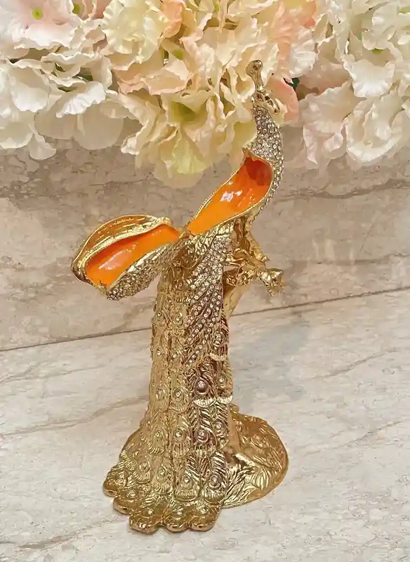 Antique Unique 21st Birthday gift 24k GOLD Large Peacock Lover gift Faberge Egg Handmade Jewelry box 840 Swarovski Diamond Handset 2003 Bday 