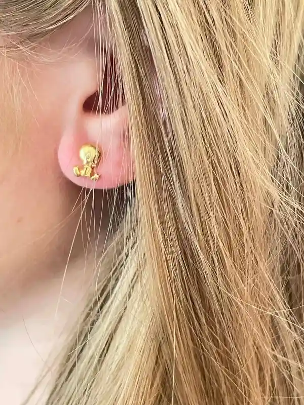 Tweety Bird Earrings - SOLID 18k Gold - Vintage Warner Bros Jewelry for women - Tweety Stud Earrings - 