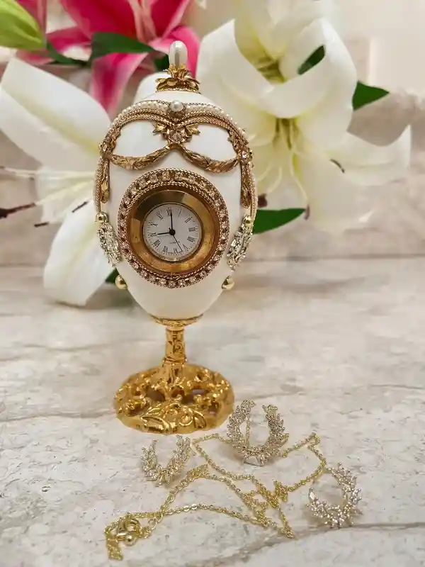 40 Year Faberge Egg Style Antique Faberge Music Box & GOLD Jewelry SET for women HANDCARVED Natural Egg 24k Gold Swarovski Handset Trinket 