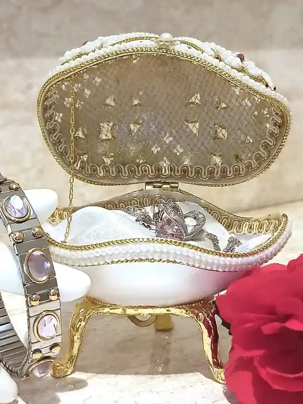 Sweet Birthday Gift for Her Pink FABERGE-Style Egg Musical Jewelry box, Faberge Pendant HEART Necklace Silver Bracelet Pink Topaz Faberge Egg SET 