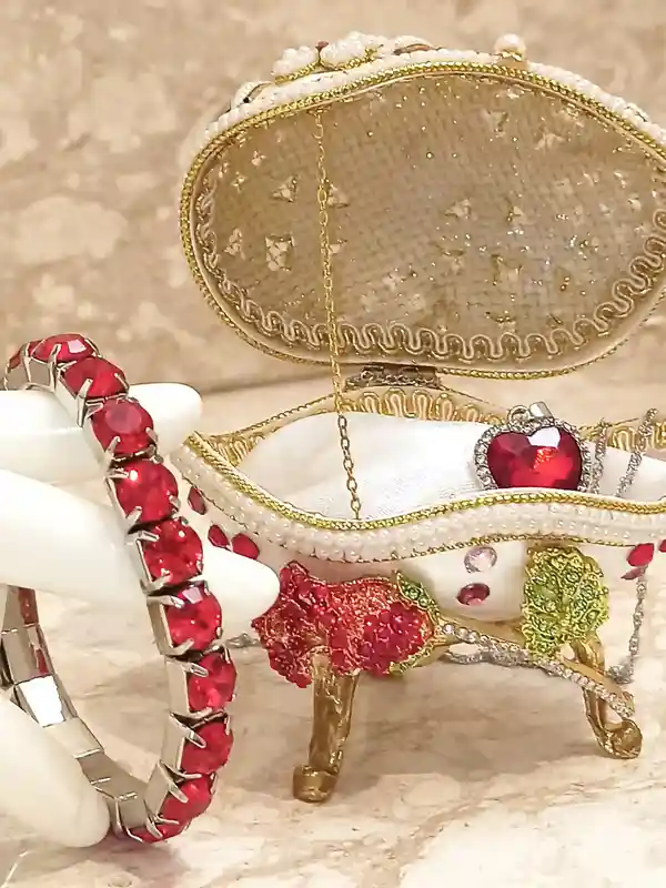 ONE of a Kind Faberge-Style egg 24k GOLD Musical Jewelry Box + Sterling Silver Ruby Heart + Bracelet HANDCARVED Faberge Egg style Christmas gift 