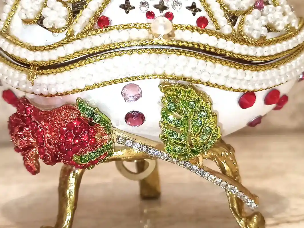 ONE of a Kind Faberge-Style egg 24k GOLD Musical Jewelry Box + Sterling Silver Ruby Heart + Bracelet HANDCARVED Faberge Egg style Christmas gift 