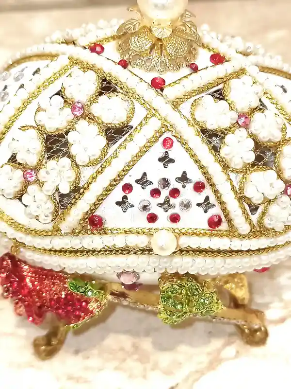 ONE of a Kind Faberge-Style egg 24k GOLD Musical Jewelry Box + Sterling Silver Ruby Heart + Bracelet HANDCARVED Faberge Egg style Christmas gift 