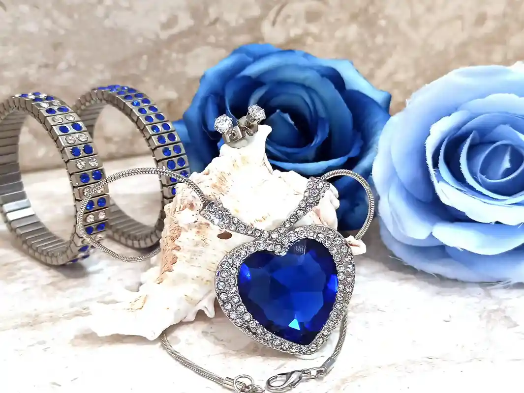 4pc SET, Heart, Silver, Blue, SAPPHIRE Pendant, Statement Necklace, Gift for her, Heart Necklace, Birthday Gift, Gift for women, Jewelry SET 