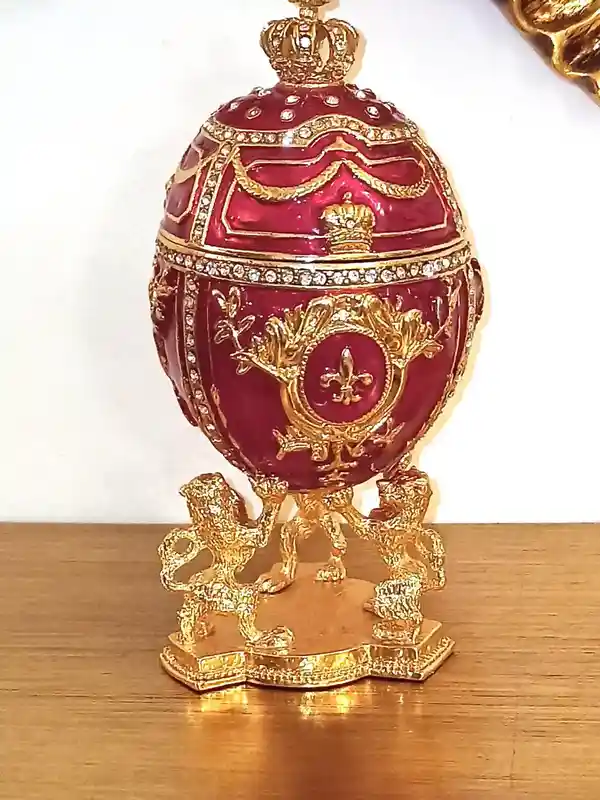 Imperial Faberge-Style Egg Trinket Jewel Box with Lions & Emperor's Crown 16.8cm (6.5'') Red 200 HANDSET 5ct Swarvoski Diamond Christmas present 