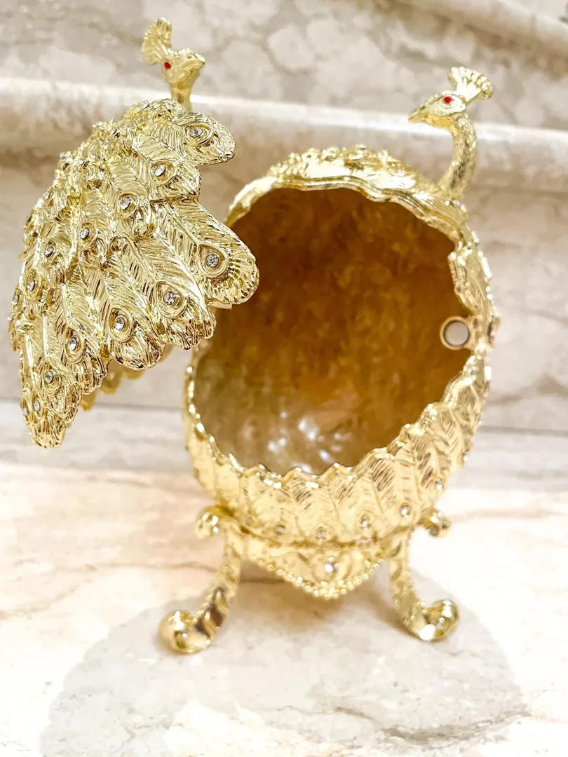 Pierre Lorren Gold Peacock Jewelry Box Faberge Egg Pure Gold Swarovski HANDMADE Faberge Trinket Box & Bracelet Peacock Gifts for Her 7.9