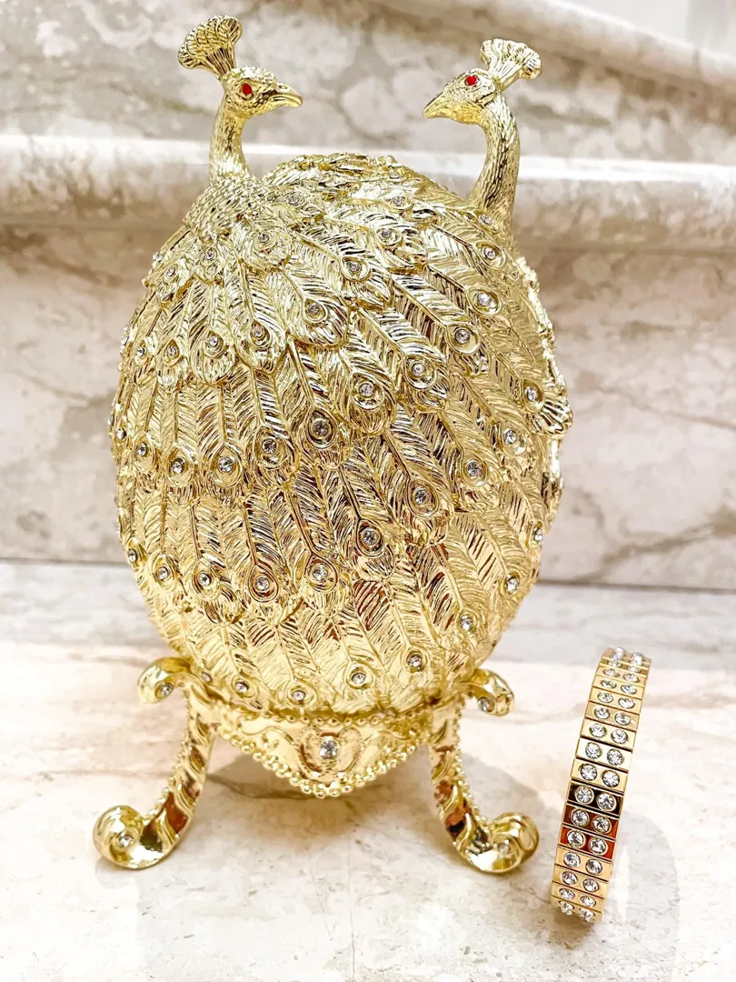 Pierre Lorren Gold Peacock Jewelry Box Faberge Egg Pure Gold Swarovski HANDMADE Faberge Trinket Box & Bracelet Peacock Gifts for Her 7.9