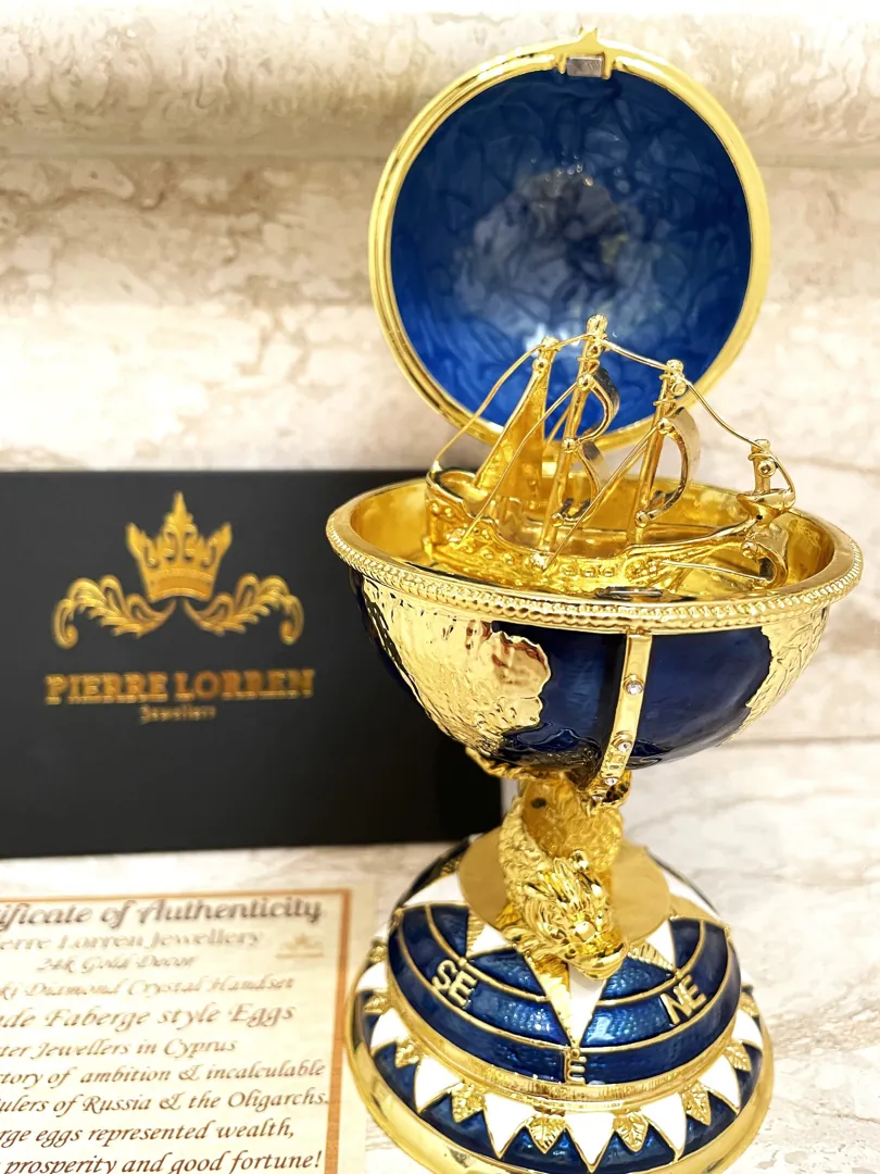 Pierre Lorren Faberge Style Egg 24k Gold Handmade Faberge Christmas Egg Swarovski Twin Fish for Luck Sailboat Symbolism Wisdom & Prosperity
