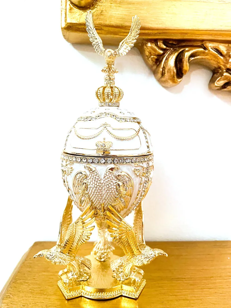 White Limited Edition Musical Faberge Egg Pure Gold Decor Swarovski Crystal Diamond Faberge Style Egg Bride-to-Be Anniversary Wedding Gift
