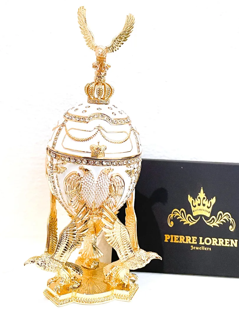 White Limited Edition Musical Faberge Egg Pure Gold Decor Swarovski Crystal Diamond Faberge Style Egg Bride-to-Be Anniversary Wedding Gift
